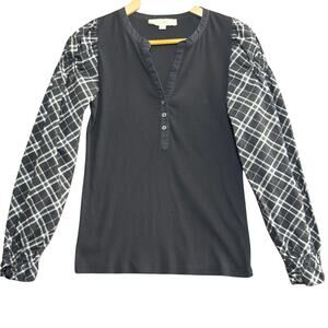 LOFT Women’s Size M‎ Mixed Media Blouse Black Plaid Puff Sleeve Henley Preppy